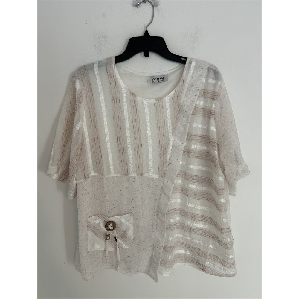DMJ Women's 2XL/3XL Textured Beige White Short Sleeve Lightweight Blouse Comfy